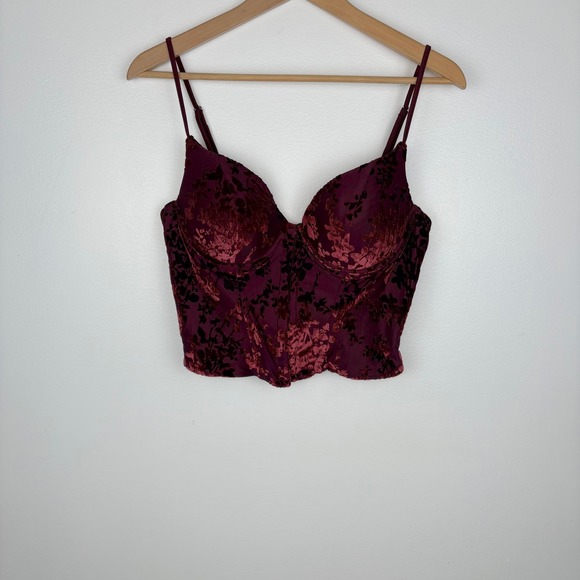 Windsor Womens Velvet Floral Burnout Corset Top Sz Large Burgundy Bustier Party - Picture 1 of 12
